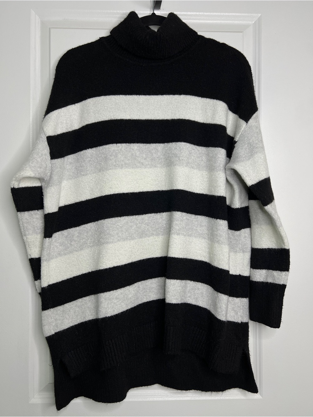 Talbots Womens 1X Turtleneck Sweater Black Gray White Stripe Long Sleeve Knit